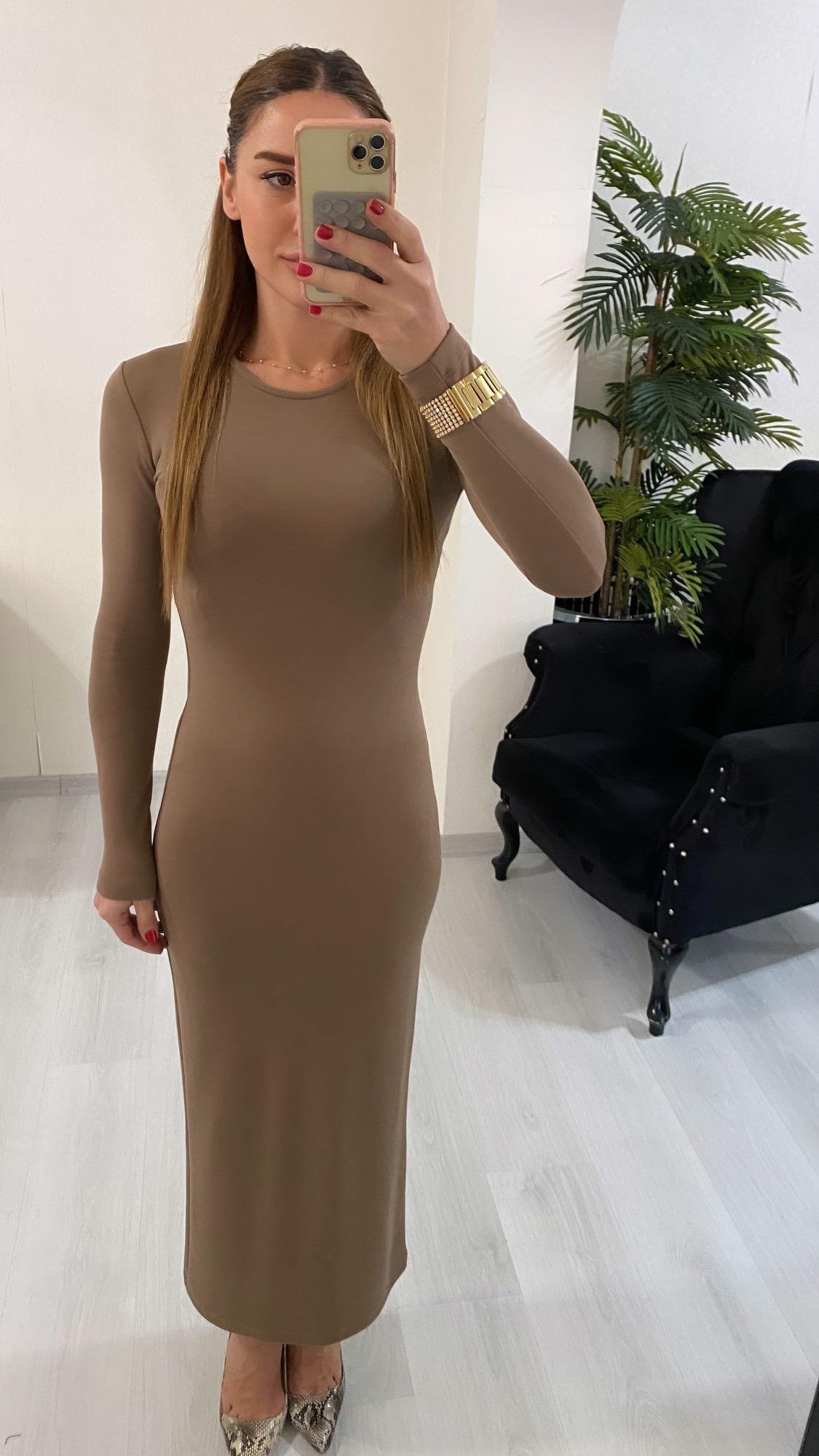 YENİ SEZONKahverengi Modal Bisiklet Yaka Midi Boy Elbise