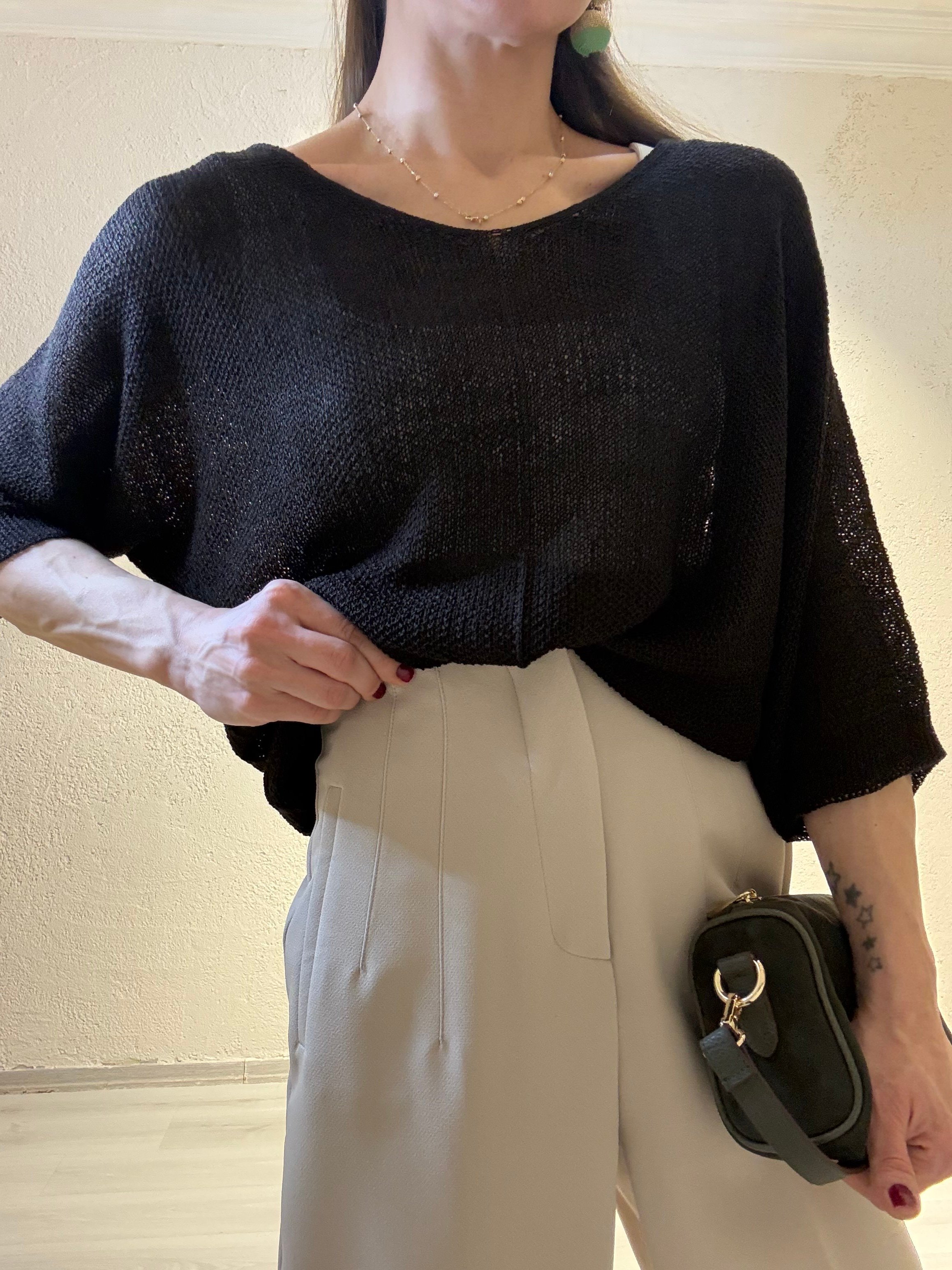 YENİ SEZONKoyu Kahverengi Krem Bisiklet Yaka Oversize Triko Bluz