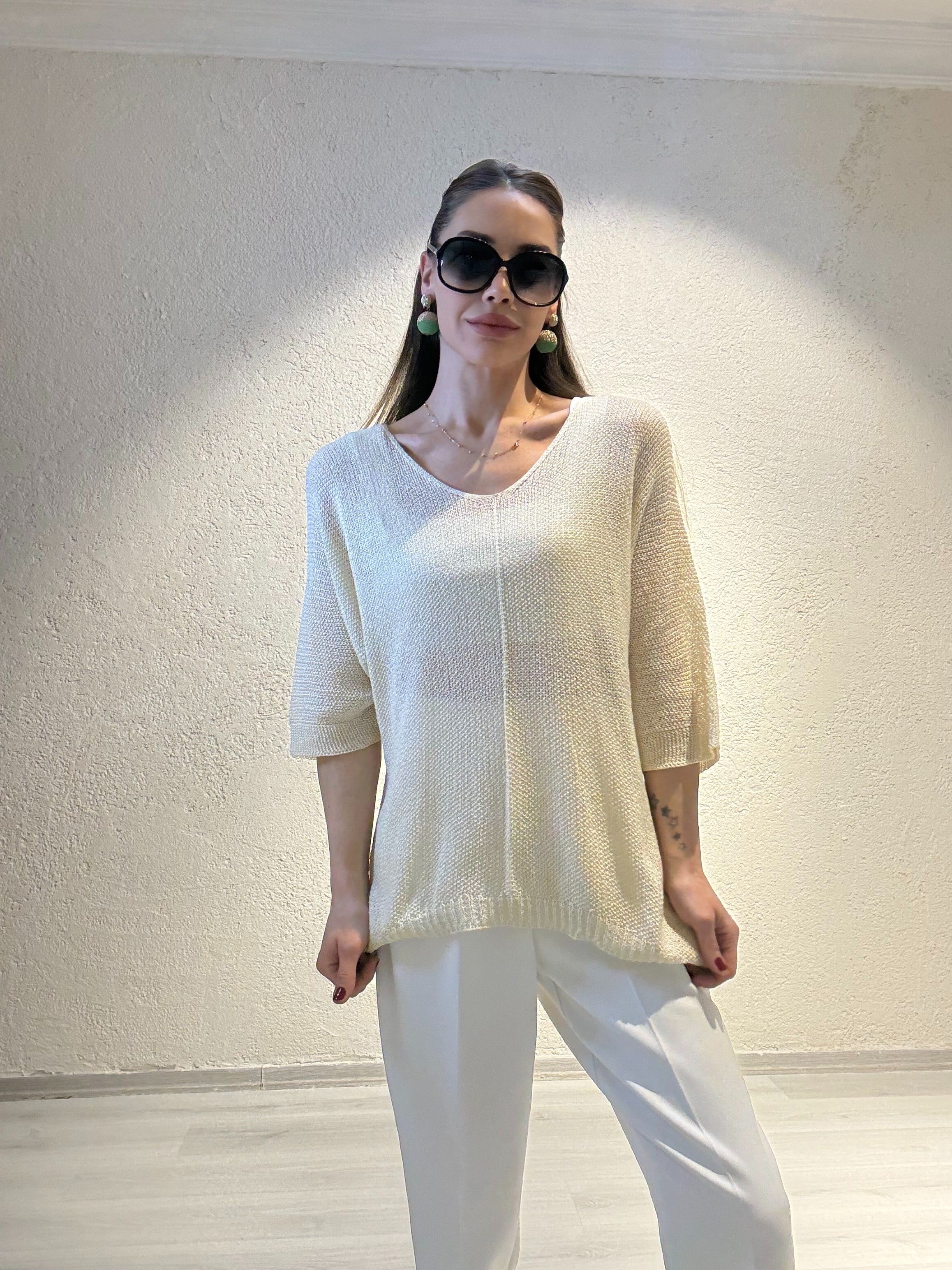 YENİ SEZONKrem Bisiklet Yaka Oversize Triko Bluz