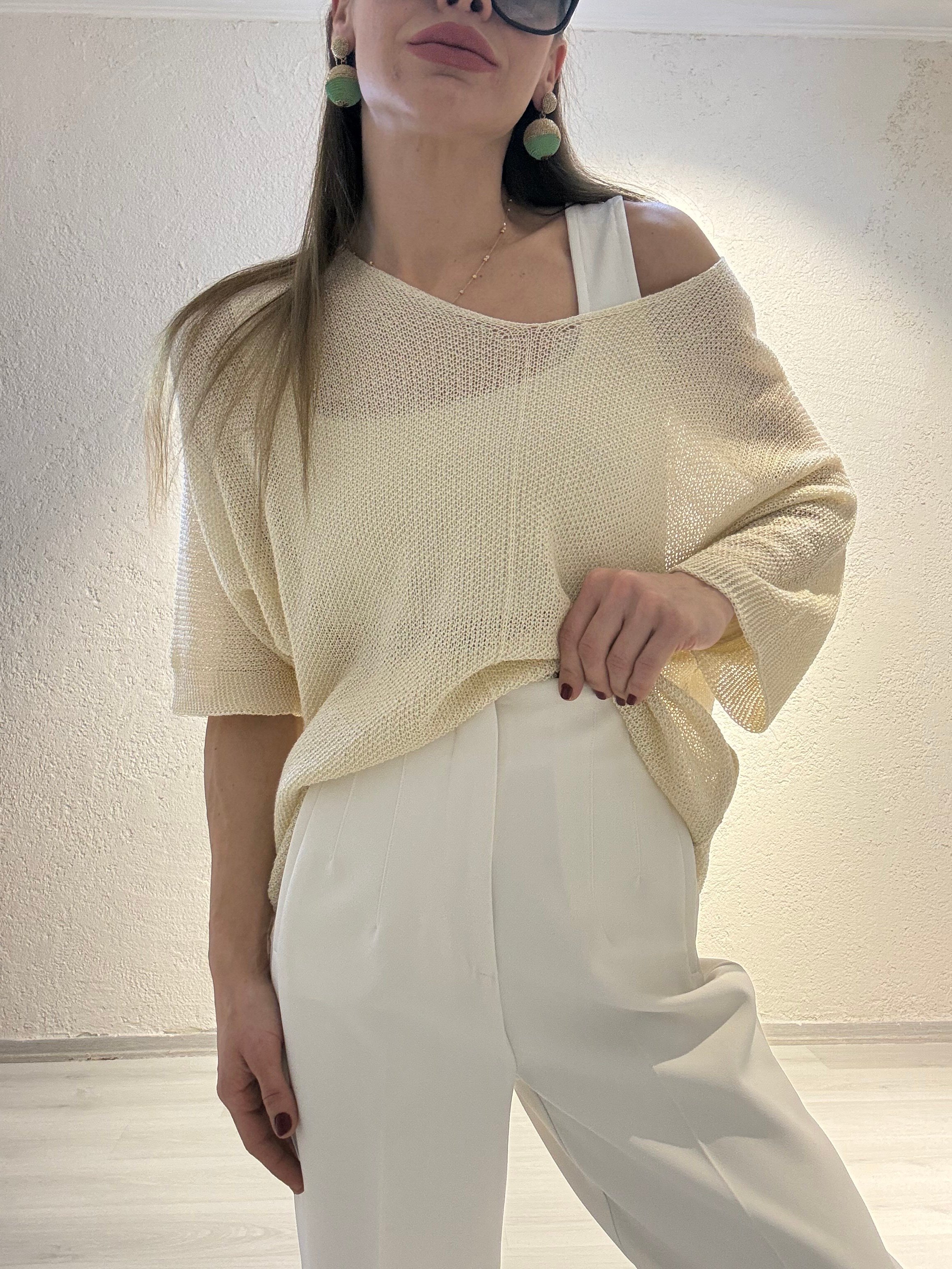 YENİ SEZONKrem Bisiklet Yaka Oversize Triko Bluz