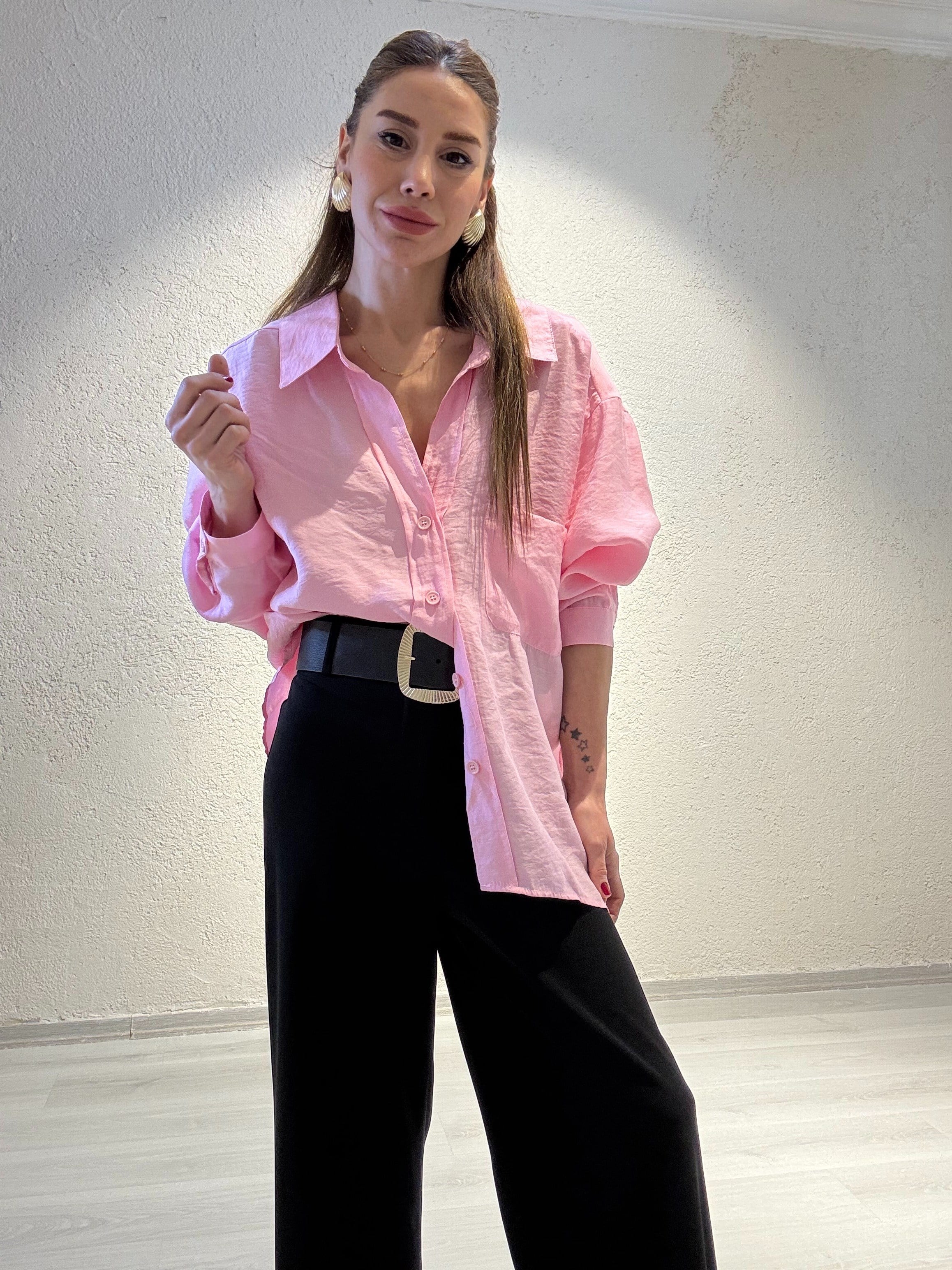 YENİ SEZONPembe Tensel Kumaş Düşük Omuz Oversize Gömlek
