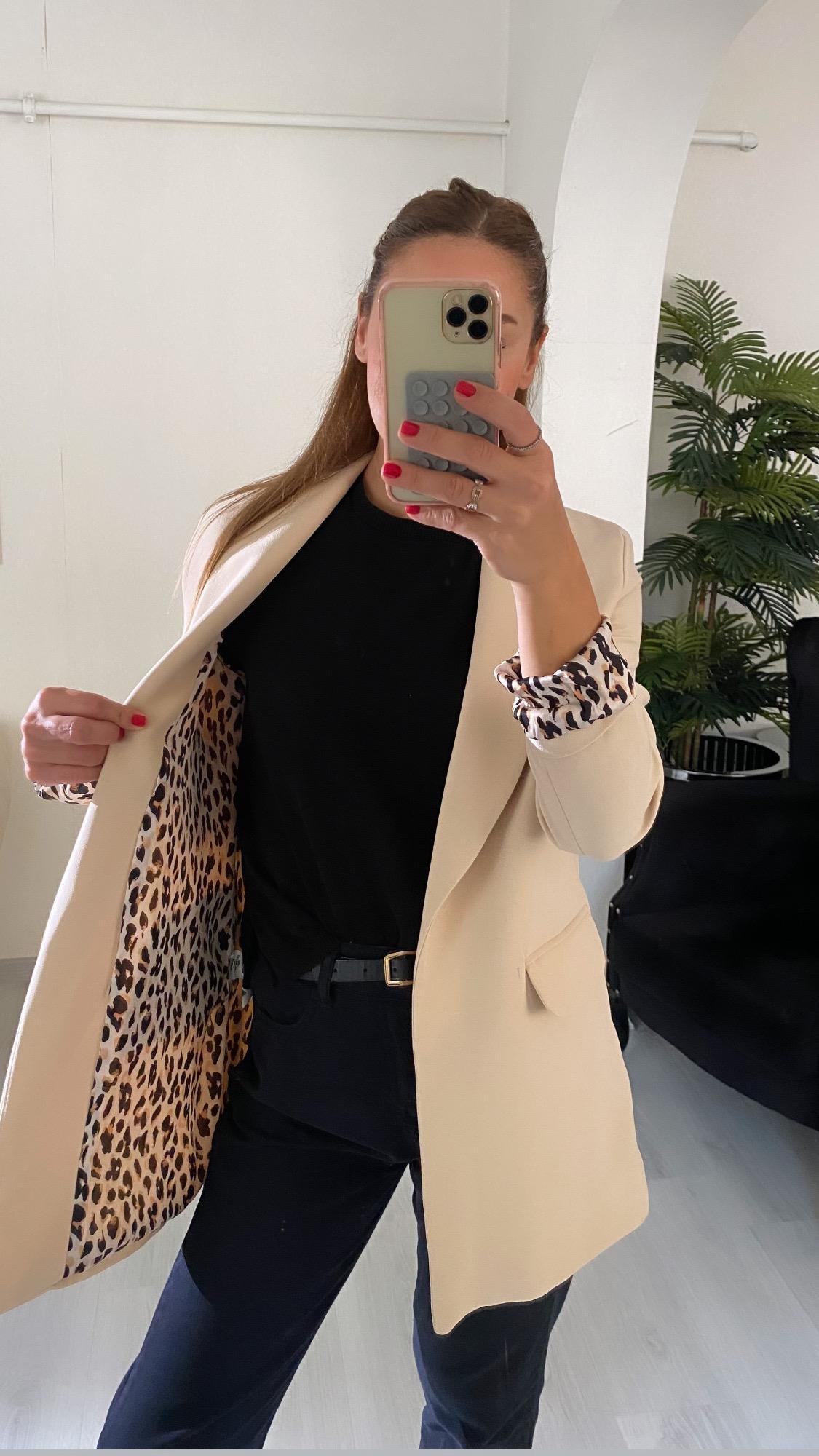 YENİ SEZONPremium Kalite Leopar Astarlı Double Kumaş Blazer Ceket Krem