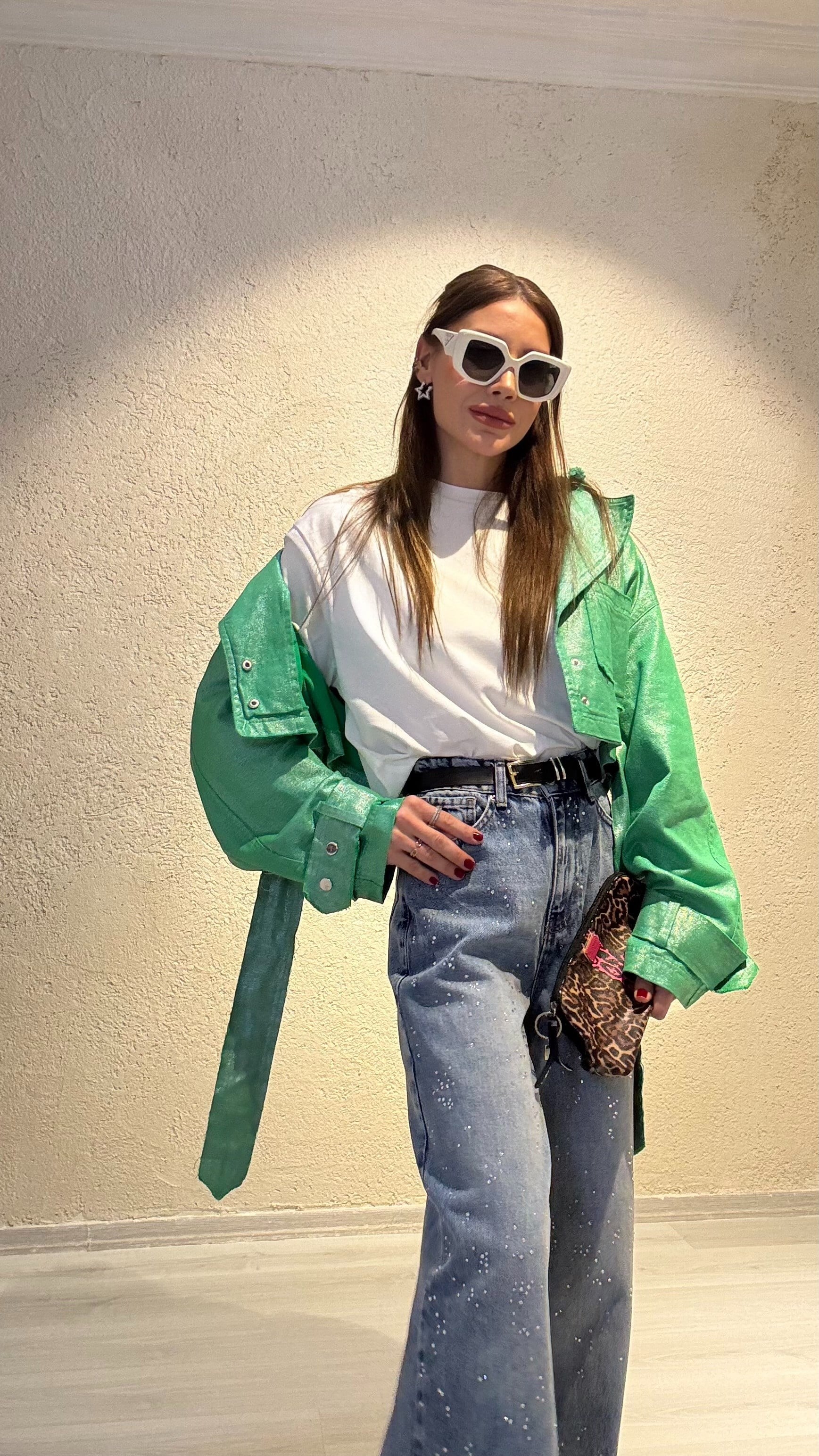 YENİ SEZONSimli Gabardin Kuşaklı Bomber Ceket-Yeşil