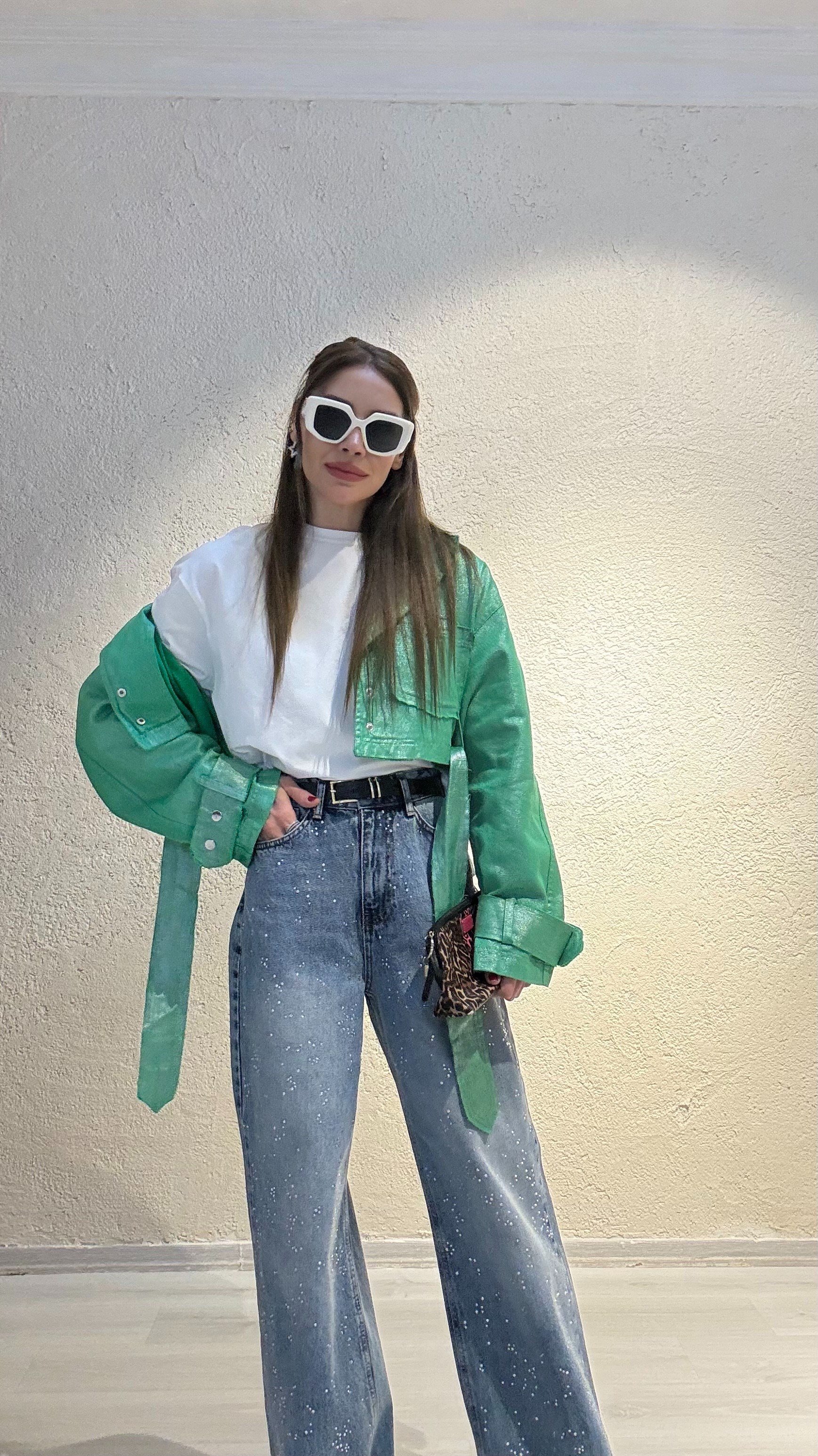 YENİ SEZONSimli Gabardin Kuşaklı Bomber Ceket-Yeşil