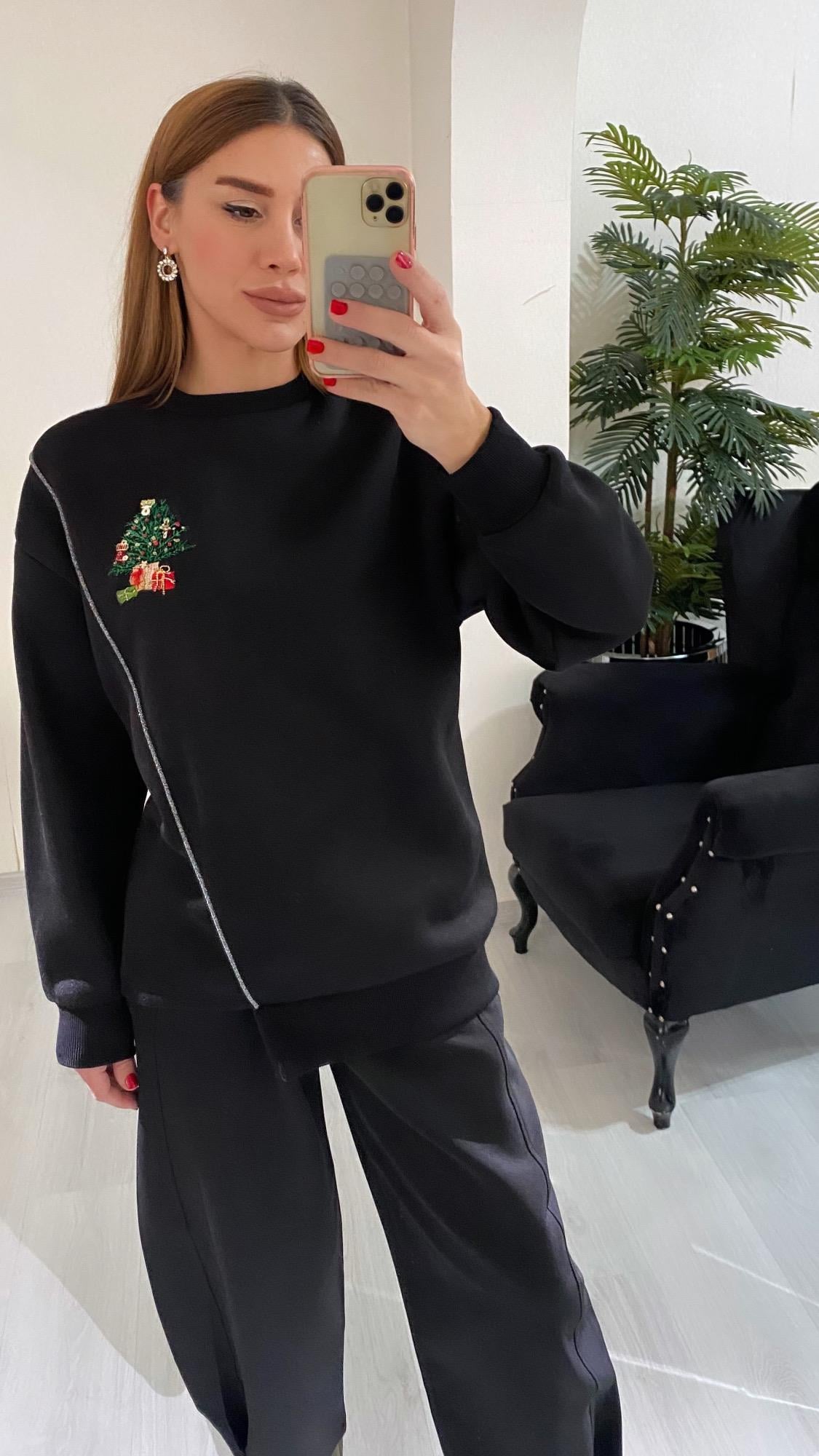 YENİ SEZONSiyah Bisiklet Yaka %100 El İşçiliği Şardonlu Sweatshirt