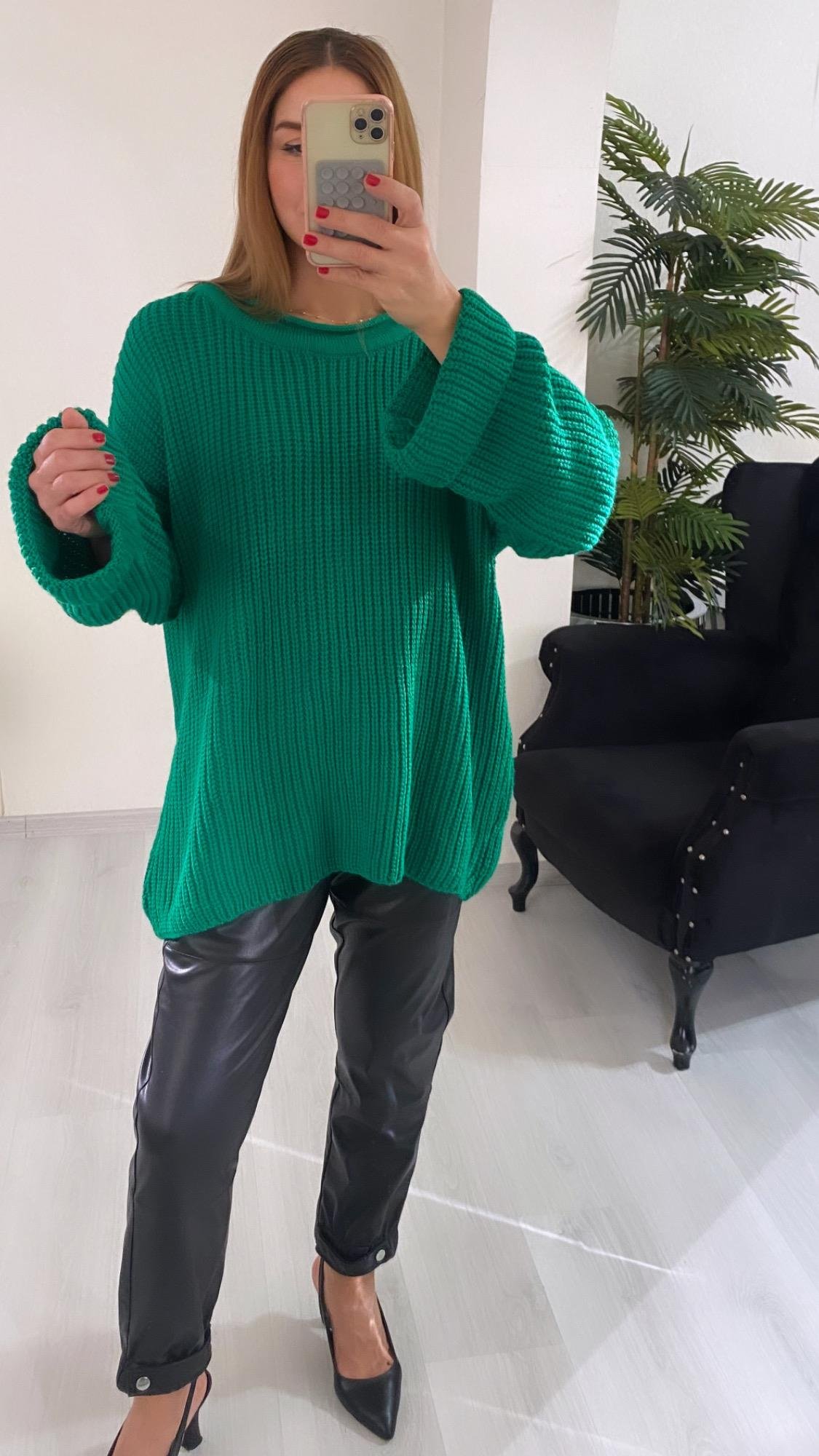 YENİ SEZONYeşil Oversize Bisiklet Yaka Örme Kazak