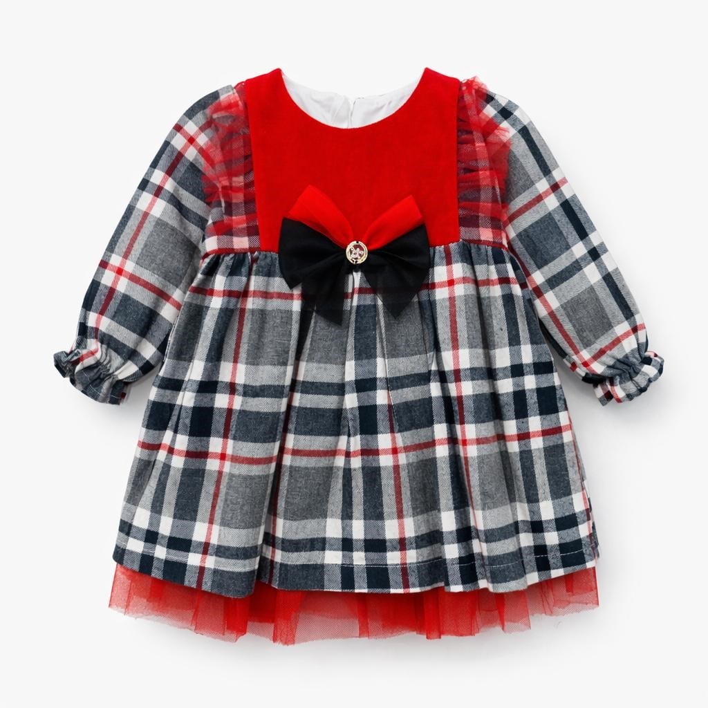 Babydola Kız Bebek Ekose Desen Fiyonklu Elbise 3-36 Ay KIRMIZI