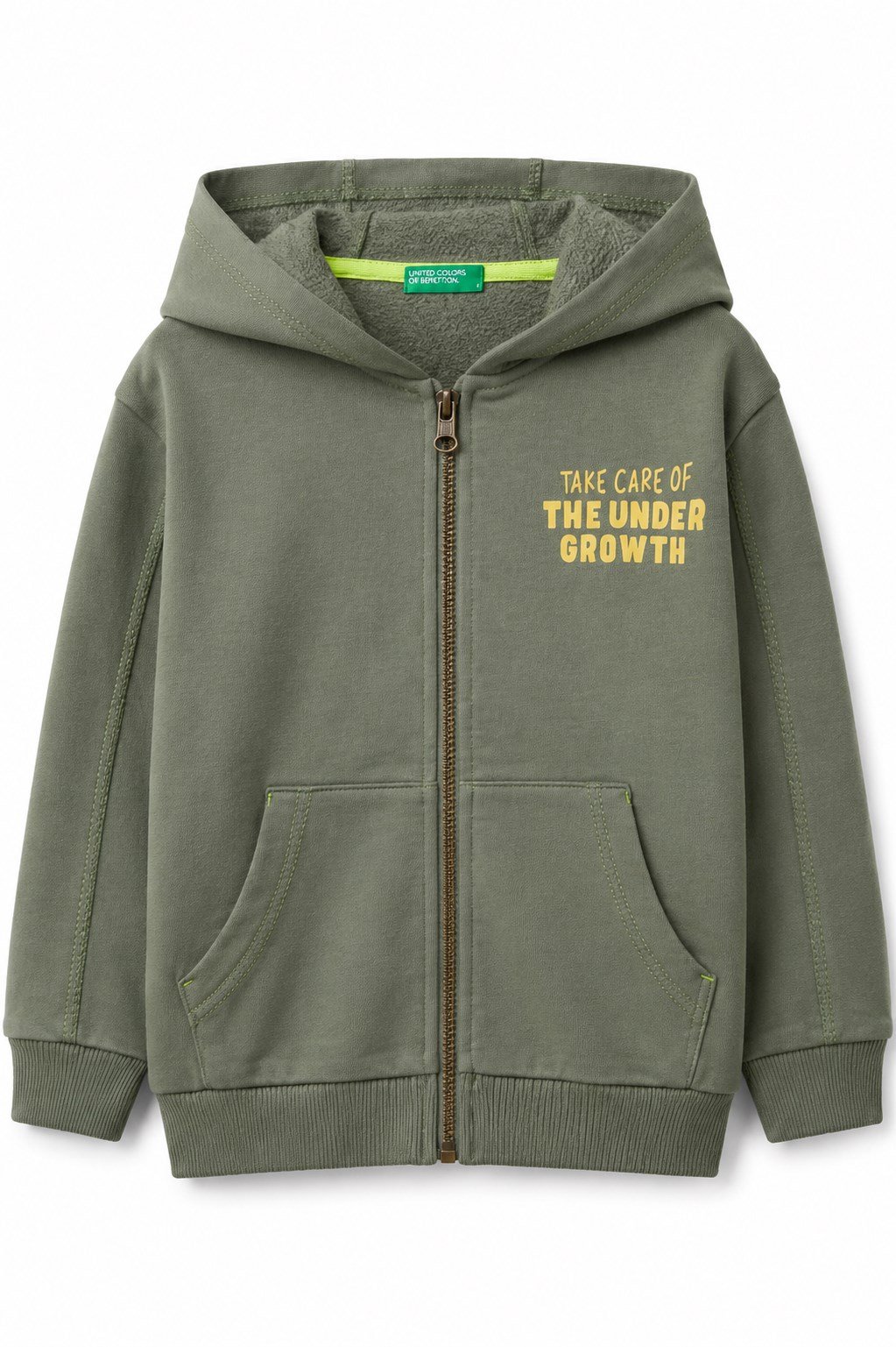 Benetton Erkek Çocuk Baskılı Önü Fermuarlı Cepli Kapüşonlu Sweatshirt 1-5 Yaş HAKİ