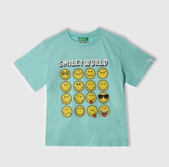 Benetton Erkek Çocuk Emoji Baskı Kısa Kollu Tişört 1-6 Yaş TURKUAZ