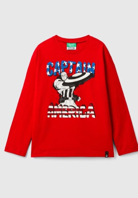 Benetton Erkek Çocuk Kaptan Amerika Baskılı Uzun Kollu Tişört 6-14 Yaş KIRMIZI