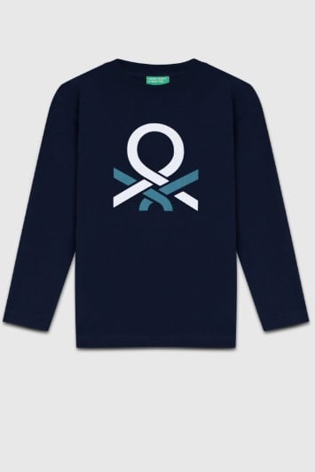 Benetton Erkek Çocuk Logo Baskı Uzun Kollu Sweatshirt 4-14 Yaş LACİVERT