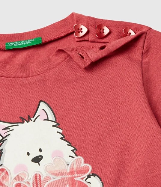 Benetton Kız Bebek Kedi Baskı Omuz Düğmeli Uzun Kollu Tişört 1-6 Yaş PEMBE