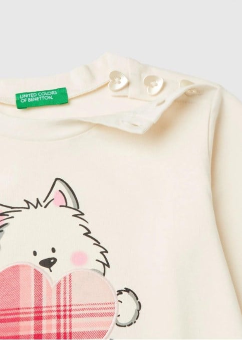 Benetton Kız Bebek Kedi Baskı Omuz Düğmeli Uzun Kollu Tişört 1-6 Yaş EKRU