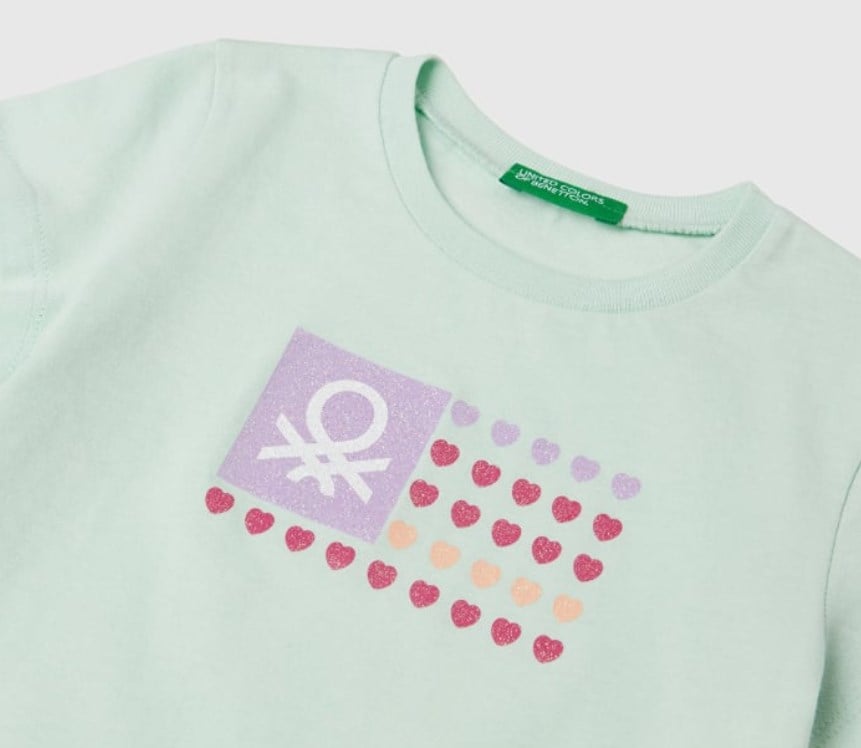 Benetton Kız Bebek Simli Logo Baskı Kısa Kollu Tişört 1-6 Yaş MİNT