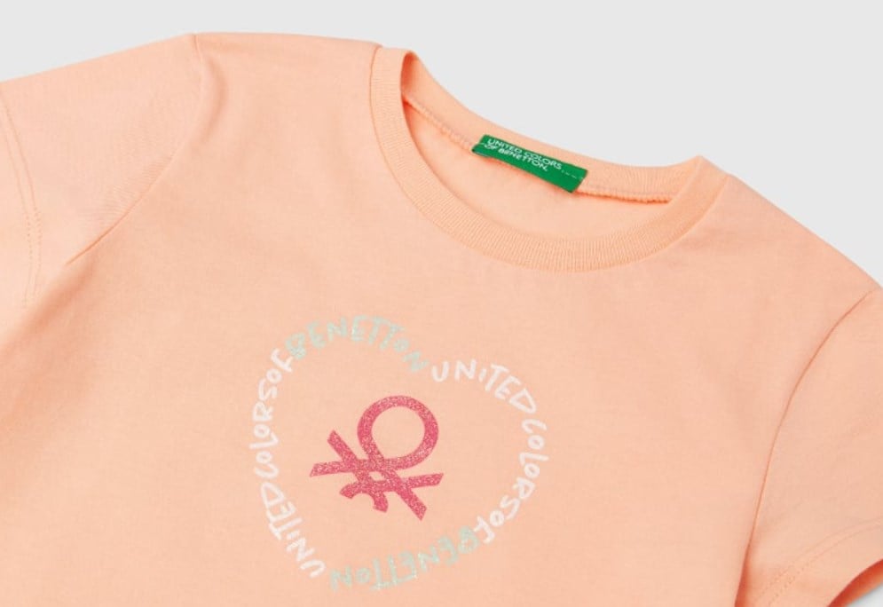 Benetton Kız Bebek Simli Logo Baskı Kısa Kollu Tişört 1-6 Yaş SOMON