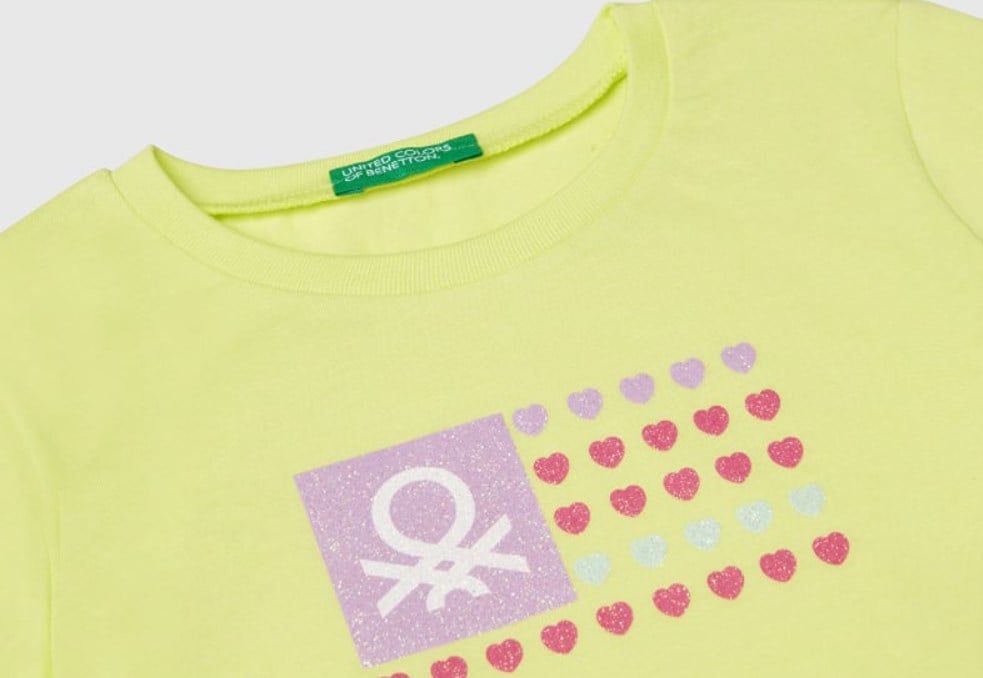 Benetton Kız Bebek Simli Logo Baskı Kısa Kollu Tişört 1-6 Yaş SARI
