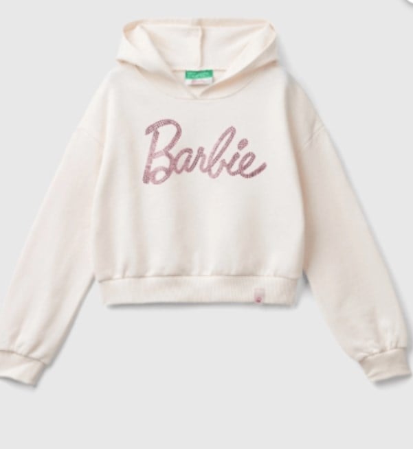 Benetton Kız Çocuk Barbie Baskı Taşlı Crop Sweatshirt 6-14 Yaş EKRU