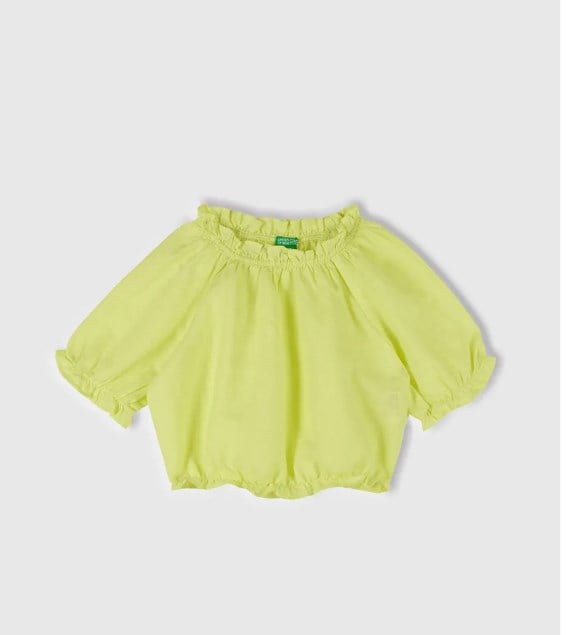 Benetton Kız Çocuk Bel Lastikli Keten Crop Tişört 1-6 Yaş SARI