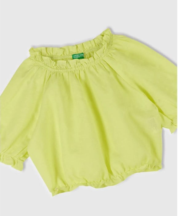 Benetton Kız Çocuk Bel Lastikli Keten Crop Tişört 1-6 Yaş SARI