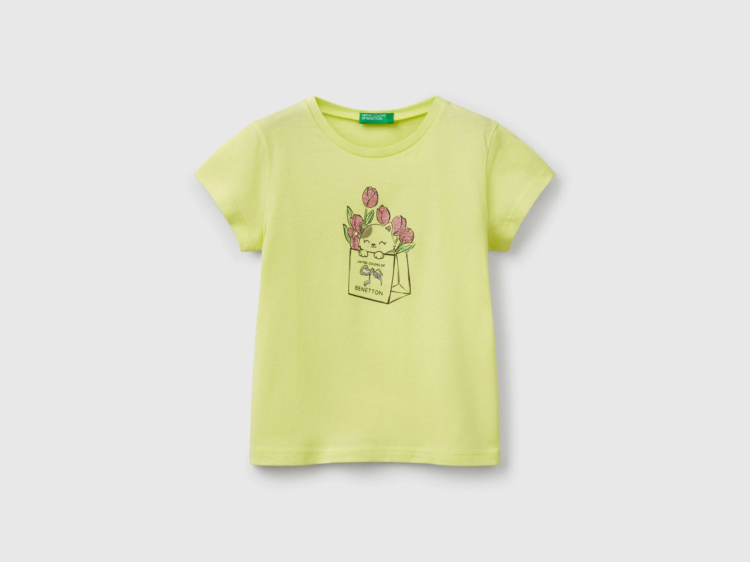 Benetton Kız  Çocuk Çanta Kedi Baskı Kısa Kollu Tişört 1-6 Yaş SARI
