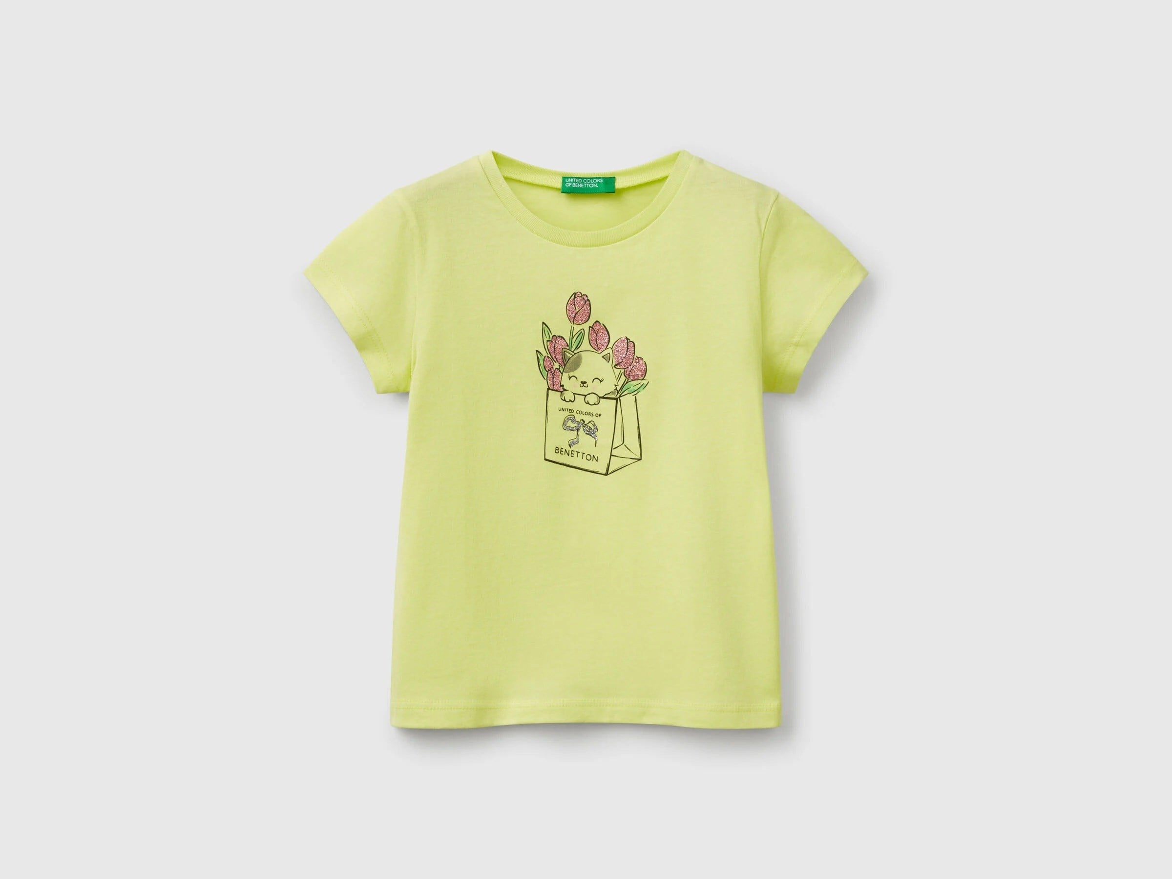 Benetton Kız  Çocuk Çanta Kedi Baskı Kısa Kollu Tişört 1-6 Yaş SARI