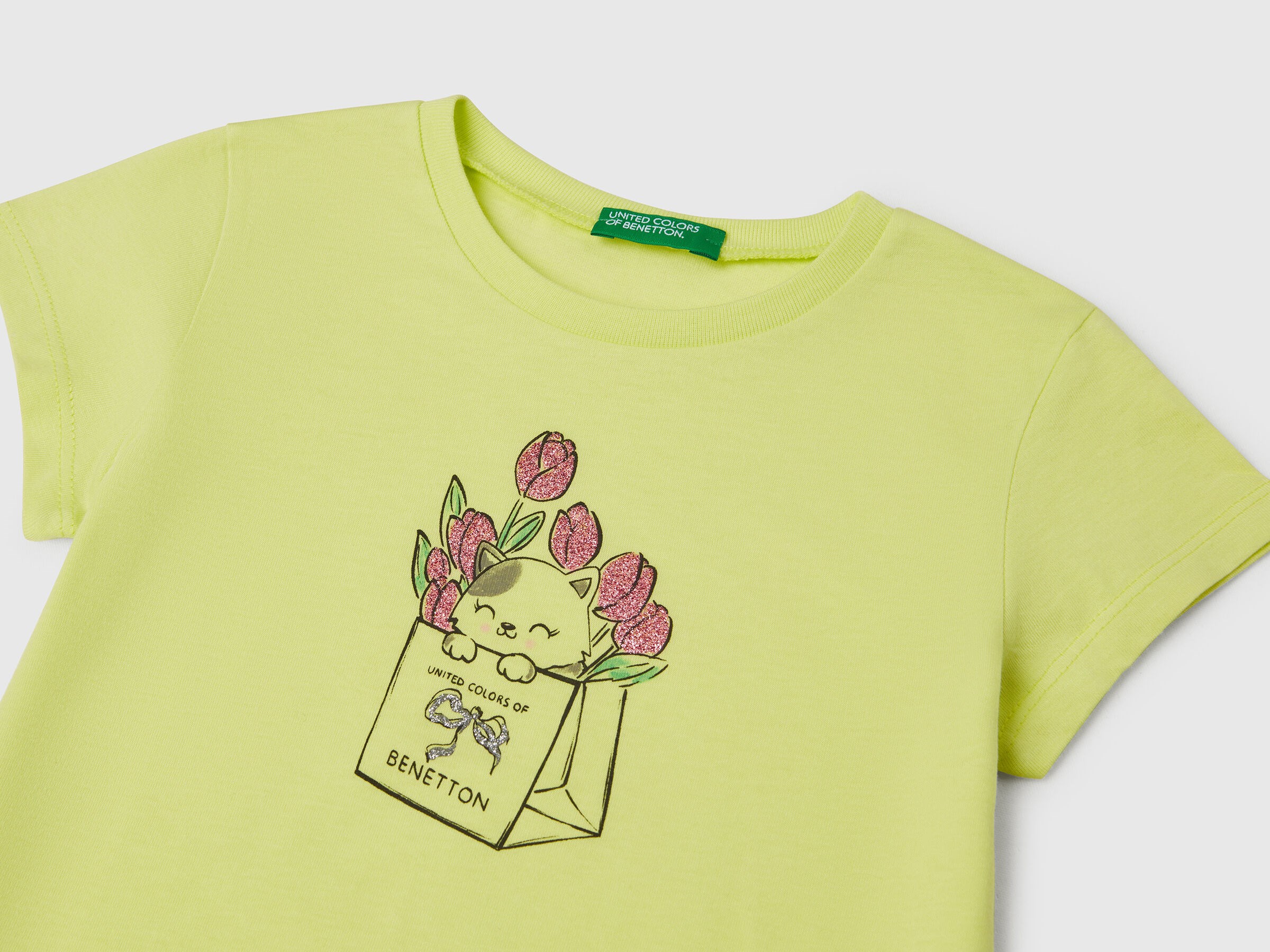 Benetton Kız  Çocuk Çanta Kedi Baskı Kısa Kollu Tişört 1-6 Yaş SARI