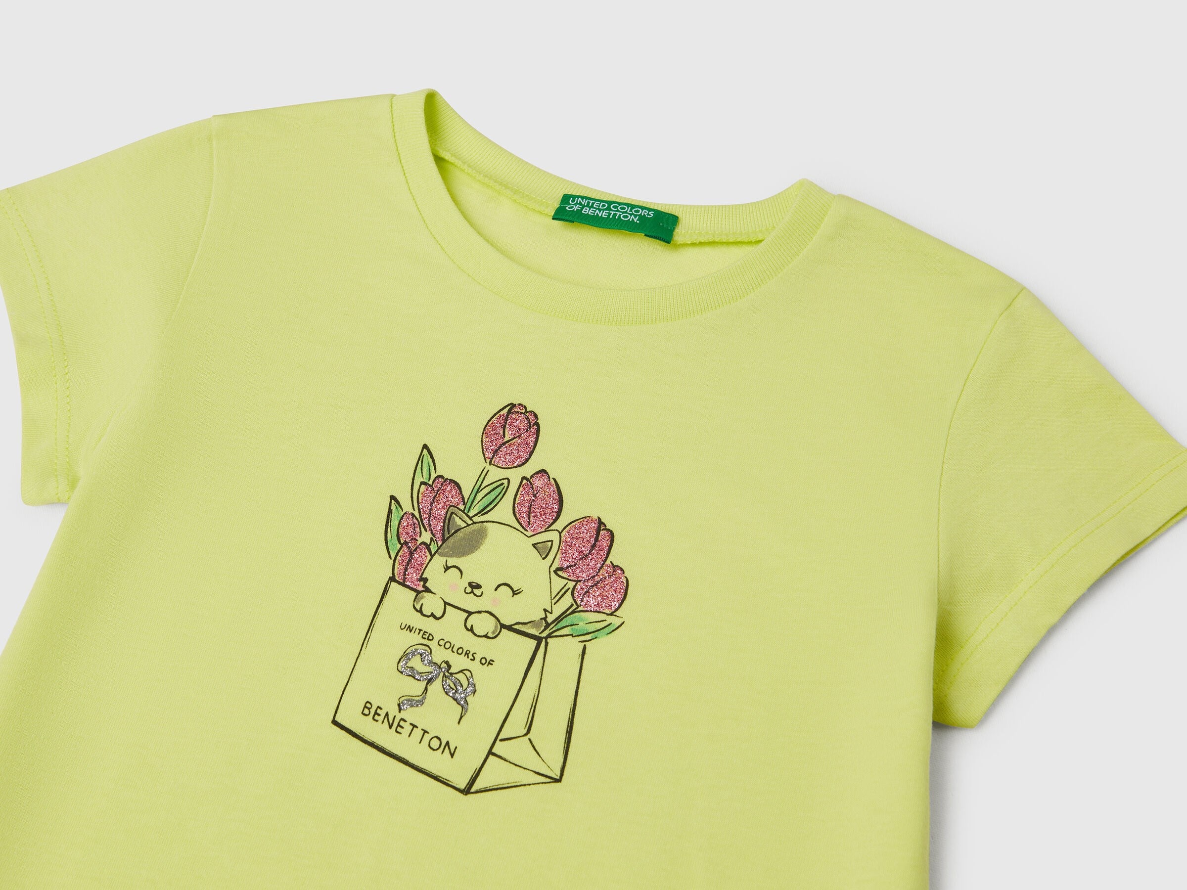 Benetton Kız  Çocuk Çanta Kedi Baskı Kısa Kollu Tişört 1-6 Yaş SARI