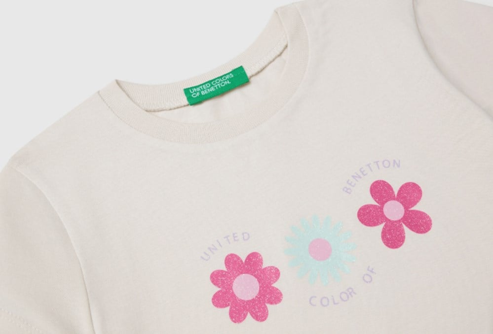 Benetton Kız Çocuk Çiçek Sim Detay Çiçek Baskı Tişört 1-6 Yaş EKRU