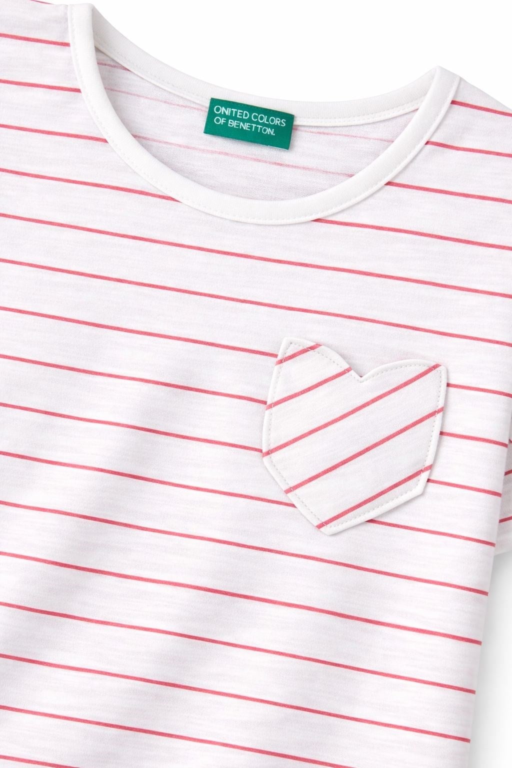 Benetton Kız Çocuk Çizgili Kalp Cepli Tişört 4-14 Yaş PEMBE