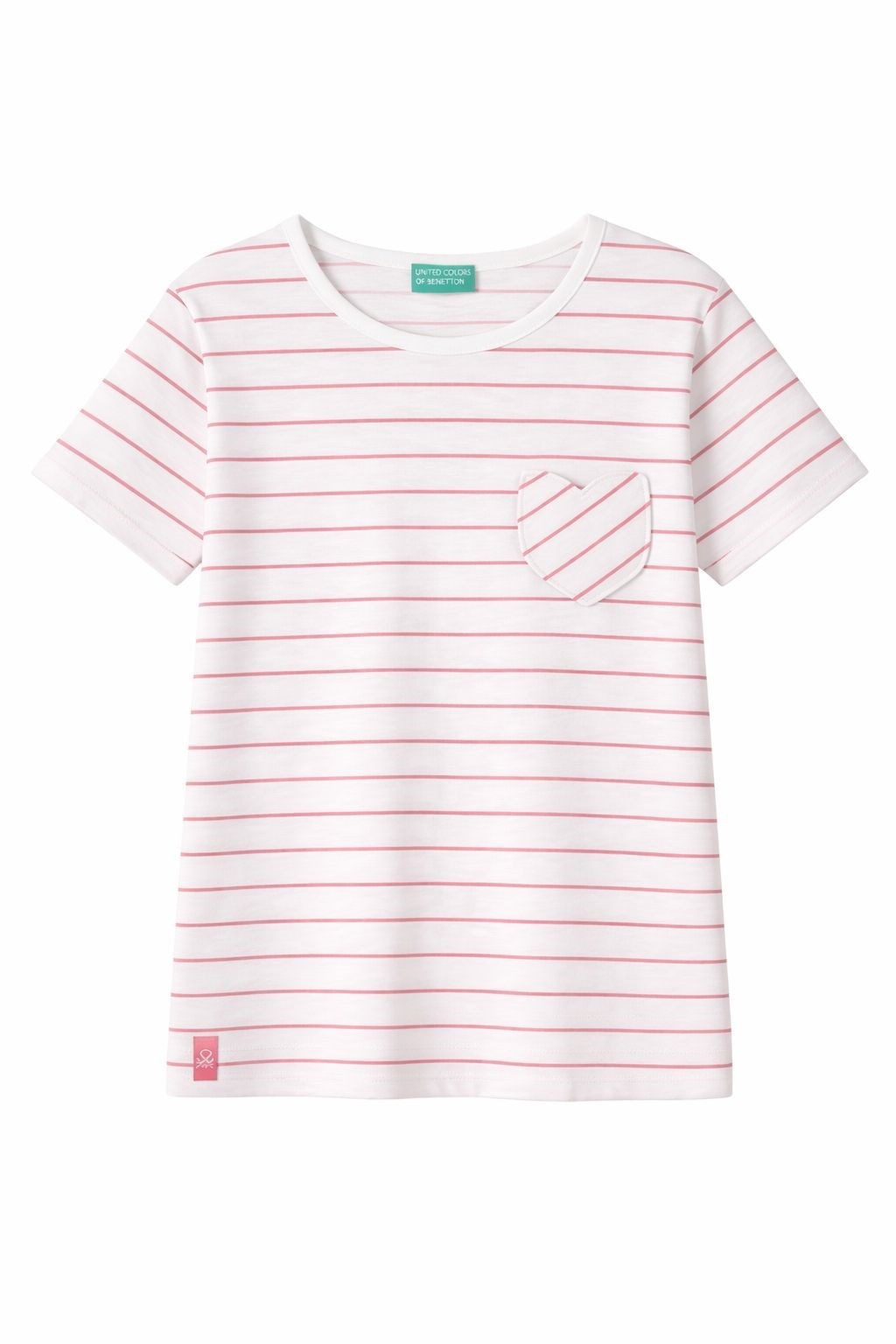 Benetton Kız Çocuk Çizgili Kalp Cepli Tişört 4-14 Yaş PEMBE