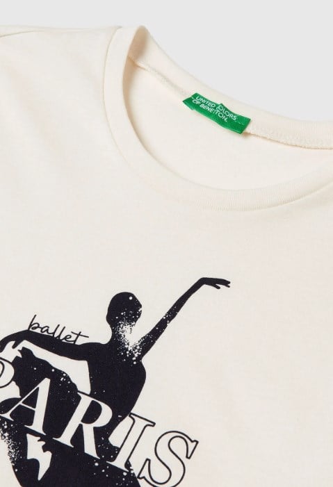 Benetton Kız Çocuk Ekru Balerin Baskılı Uzun Kollu T-Shirt 6-14 Yaş EKRU