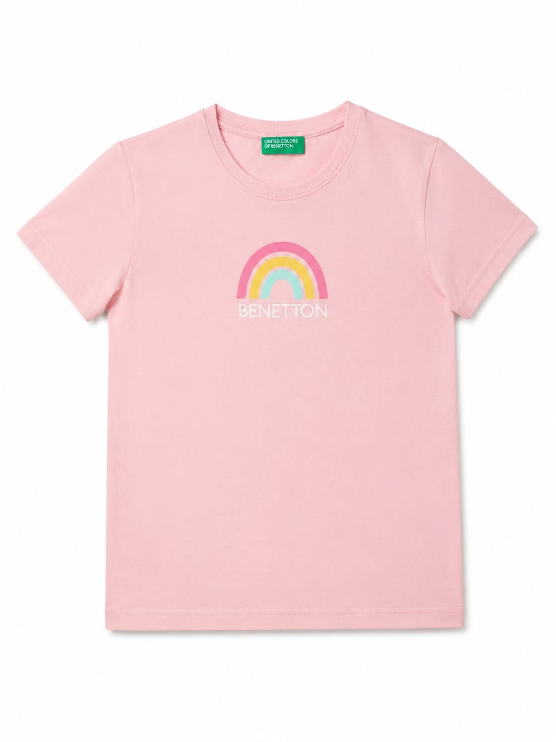 Benetton Kız Çocuk Gökkuşağı Baskı Kısa Kollu Tişört 4-14 Yaş PEMBE