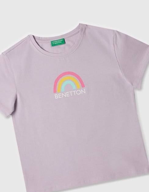 Benetton Kız Çocuk Gökkuşağı Baskı Kısa Kollu Tişört 4-14 Yaş LİLA