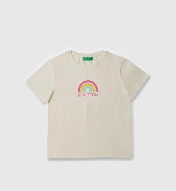 Benetton Kız Çocuk Gökkuşağı Baskı Kısa Kollu Tişört 4-14 Yaş BEYAZ