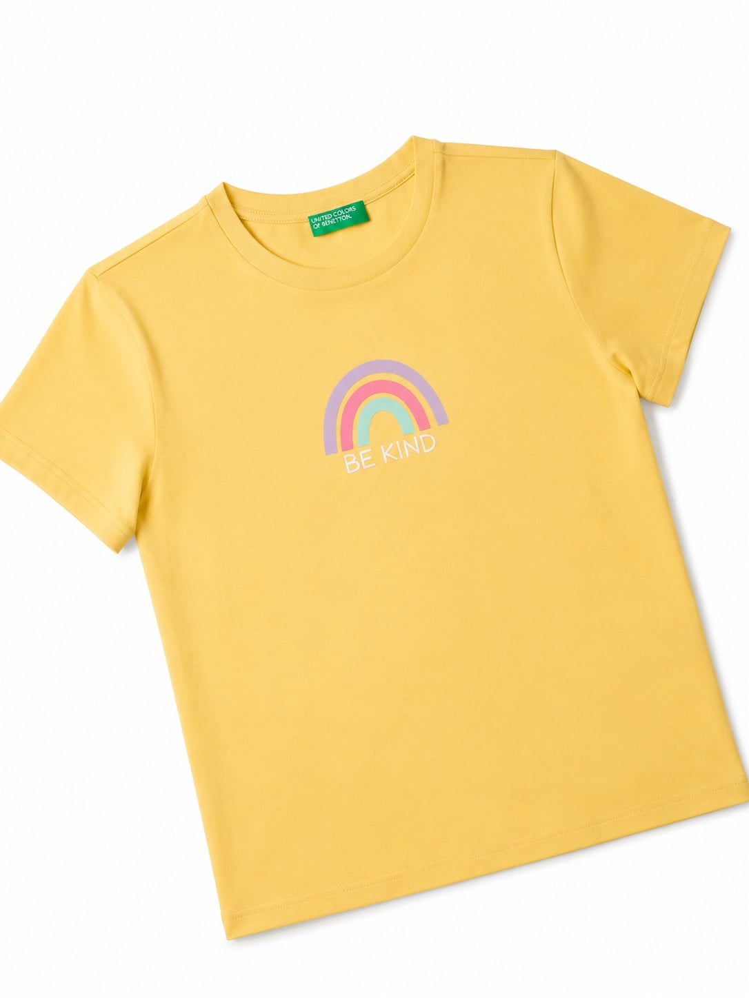 Benetton Kız Çocuk Gökkuşağı Baskı Kısa Kollu Tişört 4-14 Yaş SARI