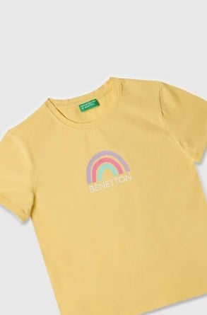 Benetton Kız Çocuk Gökkuşağı Baskı Kısa Kollu Tişört 4-14 Yaş SARI