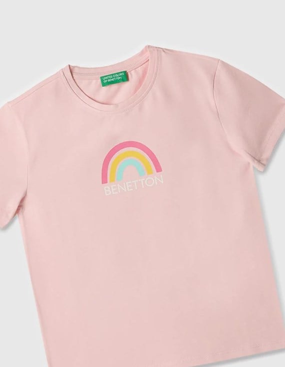 Benetton Kız Çocuk Gökkuşağı Baskı Kısa Kollu Tişört 4-14 Yaş PEMBE