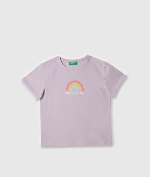 Benetton Kız Çocuk Gökkuşağı Baskı Kısa Kollu Tişört 4-14 Yaş LİLA