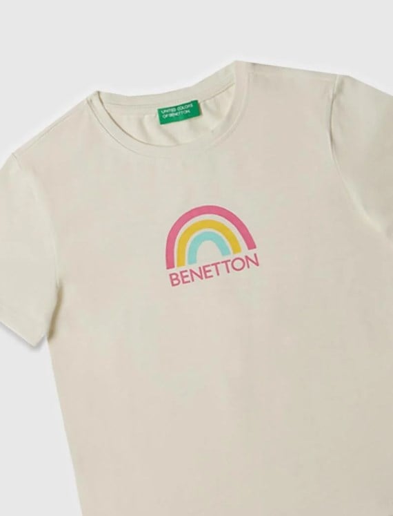 Benetton Kız Çocuk Gökkuşağı Baskı Kısa Kollu Tişört 4-14 Yaş BEYAZ