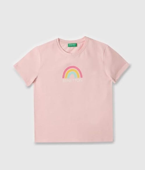 Benetton Kız Çocuk Gökkuşağı Baskı Kısa Kollu Tişört 4-14 Yaş PEMBE