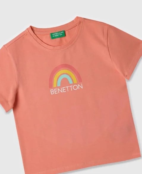 Benetton Kız Çocuk Gökkuşağı Baskı Kısa Kollu Tişört 4-14 Yaş KOYU PUDRA