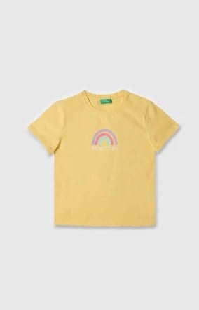Benetton Kız Çocuk Gökkuşağı Baskı Kısa Kollu Tişört 4-14 Yaş SARI