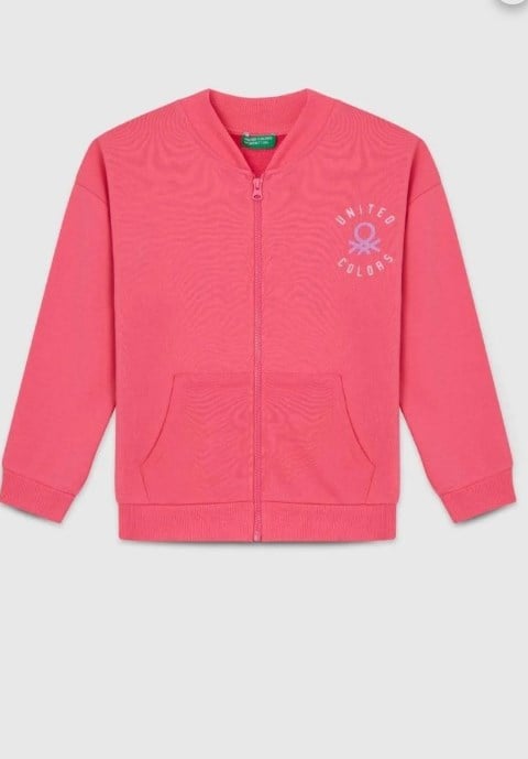 Benetton Kız Çocuk Hakim Yaka Fermuarlı Kolej Ceketi 4-14 Yaş PEMBE