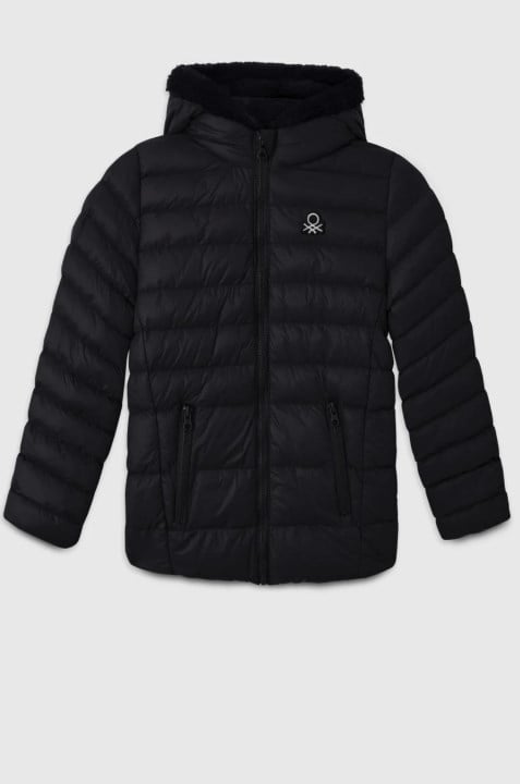 Benetton Kız Çocuk Kapitoneli Regular Fit Kürk Kapüşonlu Mont 4-14 Yaş SİYAH