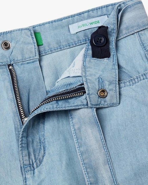 Benetton Kız Çocuk Kemerli Kot Görünümlü Keten Pantolon 6-14 Yaş AÇIK MAVİ
