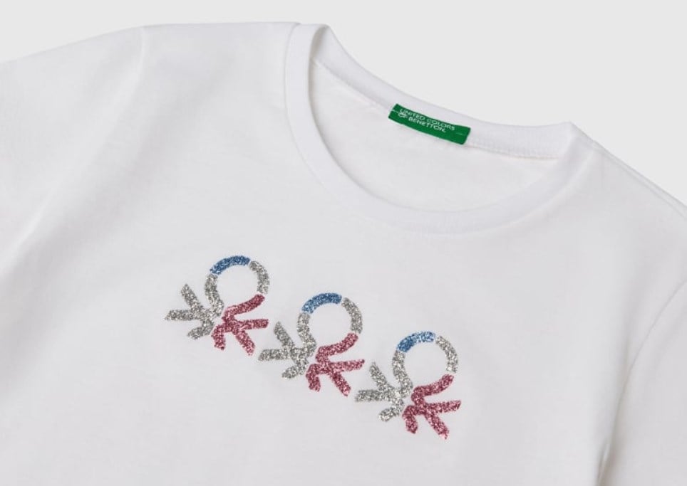 Benetton Kız Çocuk Simli Logo Baskı Tişört 6-14 Yaş BEYAZ