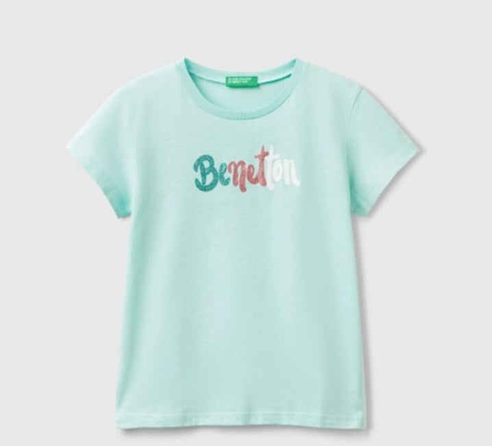 Benetton Kız Çocuk Simli Logo Baskı Tişört 6-14 Yaş MİNT