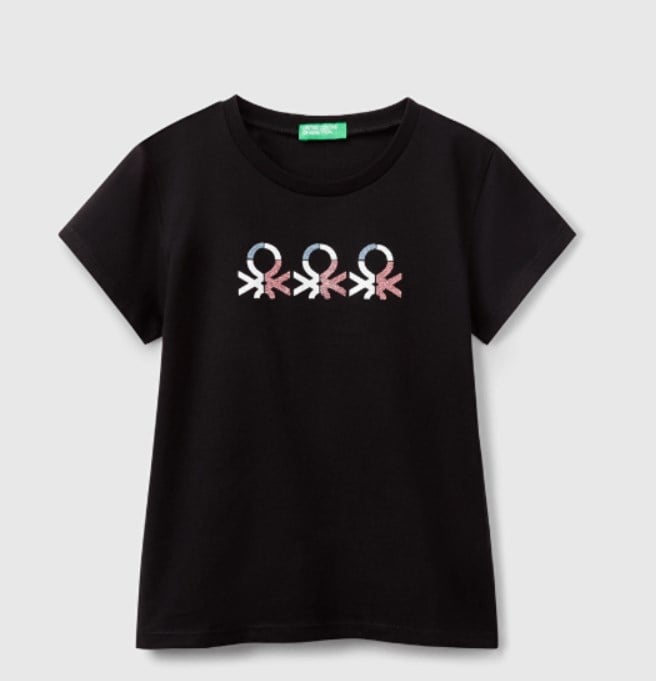 Benetton Kız Çocuk Simli Logo Baskı Tişört 6-14 Yaş SİYAH