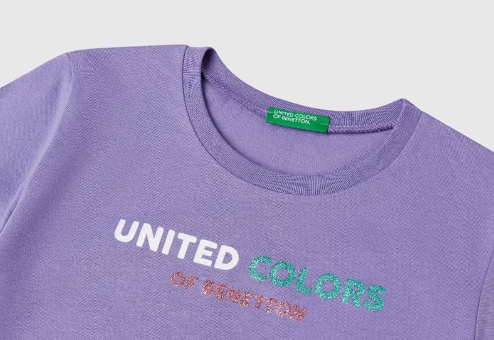 Benetton Kız Çocuk Simli Logo Baskı Tişört 6-14 Yaş MOR