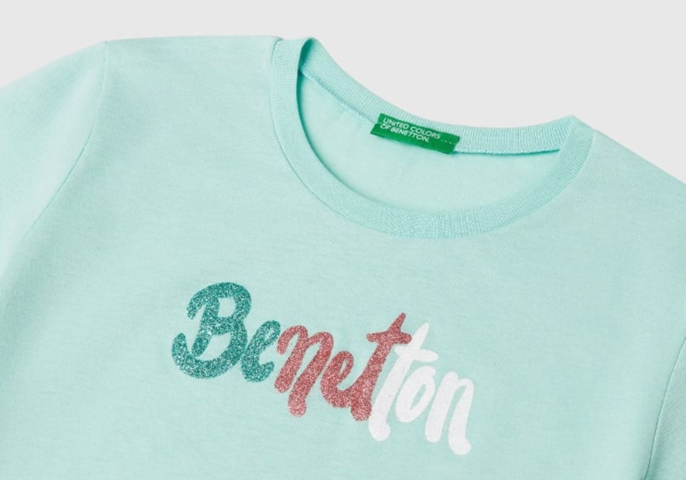 Benetton Kız Çocuk Simli Logo Baskı Tişört 6-14 Yaş MİNT